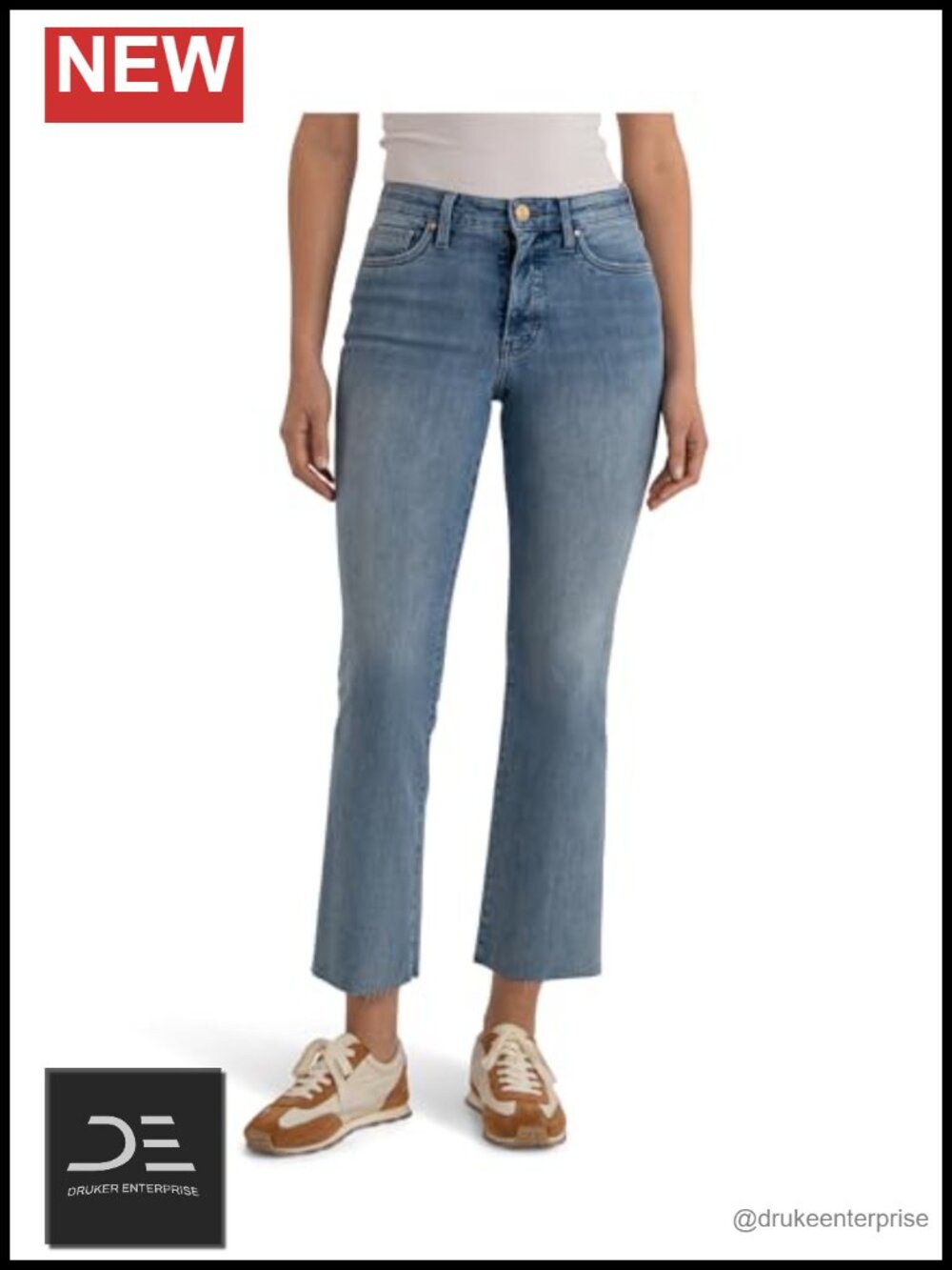 High-Rise Ankle Flare Jeans with Raw Hem Cotton Blend